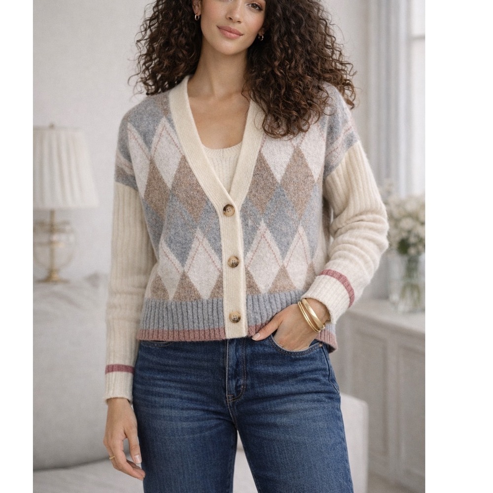 Rachel Zoe Argyle Cardigan Womens Small Cream Grey V-Neck Preppy Oxford Academia